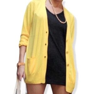 90’s Vintage Jeanne Pierre Yellow  mustard Cardigan button up pocket front‎